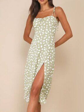 Lulus Women's Party in Paris Sage Green Print Tie-Strap Midi Dress Size S